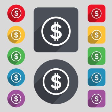 Dollar icon sign. A set of 12 colored buttons and a long shadow