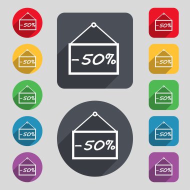 50 discount icon sign. A set of 12 colored buttons and a long shadow