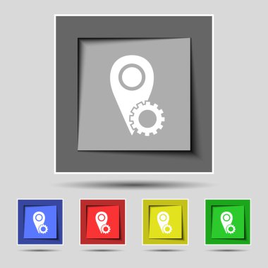 Map pointer setting icon sign on the original five colored buttons. Vector