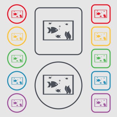 Aquarium, Fish in water icon sign. symbol on the Round and square buttons with frame. Vector
