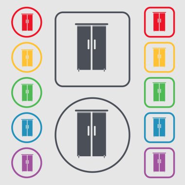 Cupboard icon sign. symbol on the Round and square buttons with frame. Vector