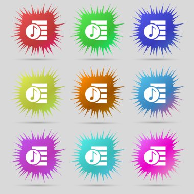 Audio, MP3 file icon sign. A set of nine original needle buttons. Vector