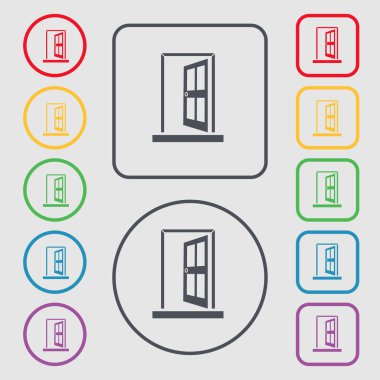Door, Enter or exit icon sign. symbol on the Round and square buttons with frame. Vector
