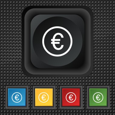 Euro icon sign. symbol Squared colourful buttons on black texture. Vector clipart