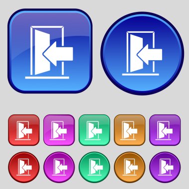 Door, Enter or exit icon sign. A set of twelve vintage buttons for your design. Vector
