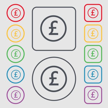Pound sterling icon sign. symbol on the Round and square buttons with frame. Vector