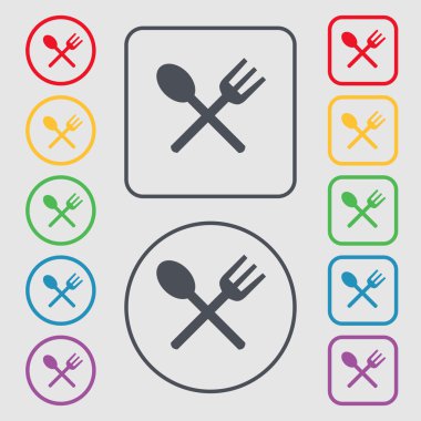 Fork and spoon crosswise, Cutlery, Eat icon sign. symbol on the Round and square buttons with frame. Vector