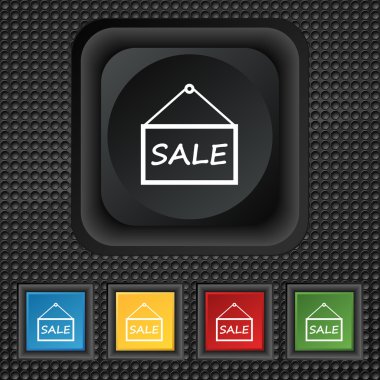 SALE tag icon sign. symbol Squared colourful buttons on black texture. Vector