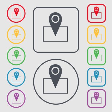 Map pointer icon sign. symbol on the Round and square buttons with frame. Vector