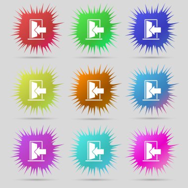 Door, Enter or exit icon sign. A set of nine original needle buttons. Vector