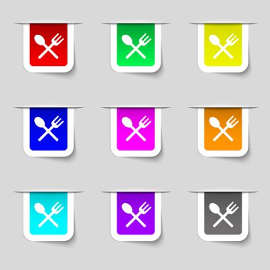 Fork and spoon crosswise, Cutlery, Eat icon sign. Set of multicolored modern labels for your design. Vector