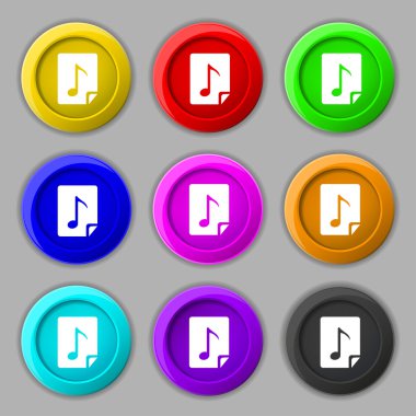 Audio, MP3 file icon sign. symbol on nine round colourful buttons. Vector