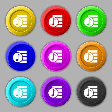 Audio, MP3 file icon sign. symbol on nine round colourful buttons. Vector