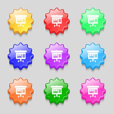 Graph icon sign. symbol on nine wavy colourful buttons. Vector