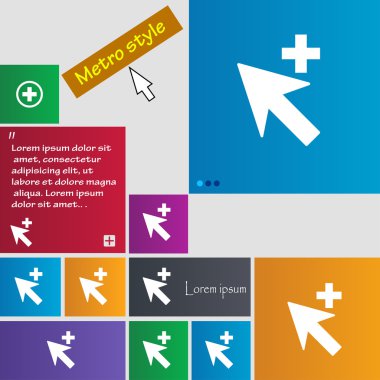 Cursor, arrow plus, add icon sign. Metro style buttons. Modern interface website buttons with cursor pointer. Vector