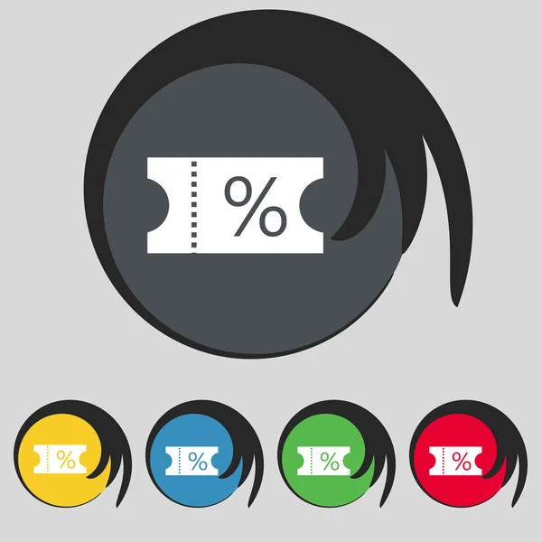 Biljett rabatt ikonen tecken. Symbolen på fem färgade knapparna. Vektor — Stock vektor