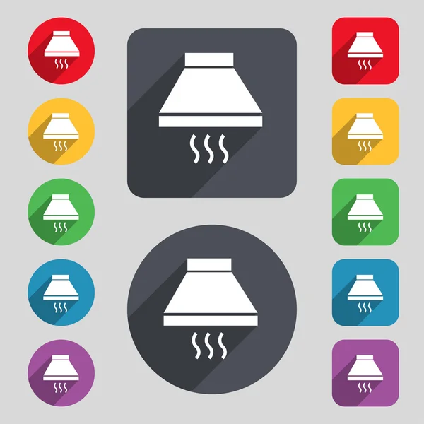 Kök hood ikonen tecken. En uppsättning av 12 färgade knappar och en lång skugga — Stock vektor