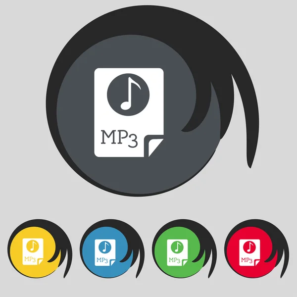 Audio, signo de icono de archivo MP3. Símbolo en cinco botones de colores. Vector — Vector de stock