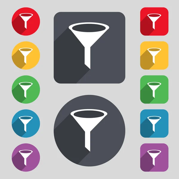 Entonnoir icône signe. Un ensemble de 12 boutons colorés et une longue ombre — Image vectorielle