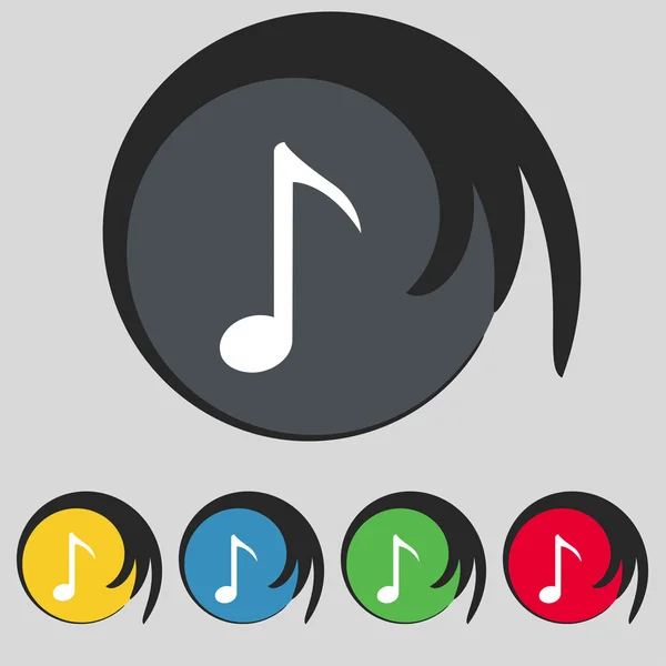 Signo de icono de nota musical. Símbolo en cinco botones de colores. Vector — Vector de stock