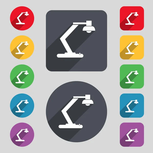 Ljus, lampa, El ikonen tecken. En uppsättning av 12 färgade knappar och en lång skugga — Stock vektor