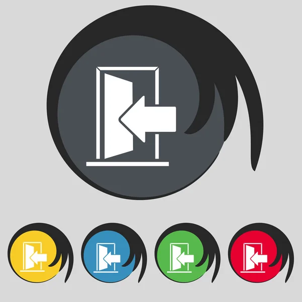 Señal de icono de puerta, entrada o salida. Símbolo en cinco botones de colores. Vector — Archivo Imágenes Vectoriales