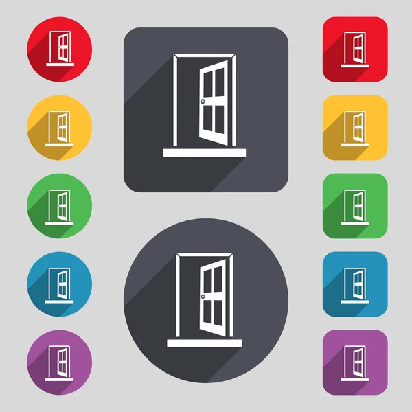 Door, Enter or exit icon sign. A set of 12 colored buttons and a long shadow — Stock Vector