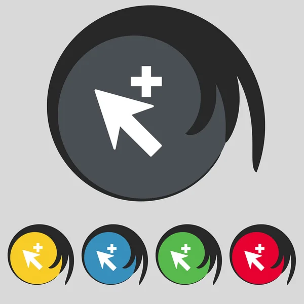 Cursor, flecha más, añadir signo de icono. Símbolo en cinco botones de colores. Vector — Archivo Imágenes Vectoriales