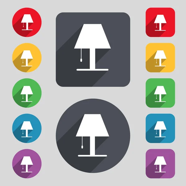 Lamp pictogram teken. Een set van 12 gekleurde knoppen en een lange schaduw — Stockvector