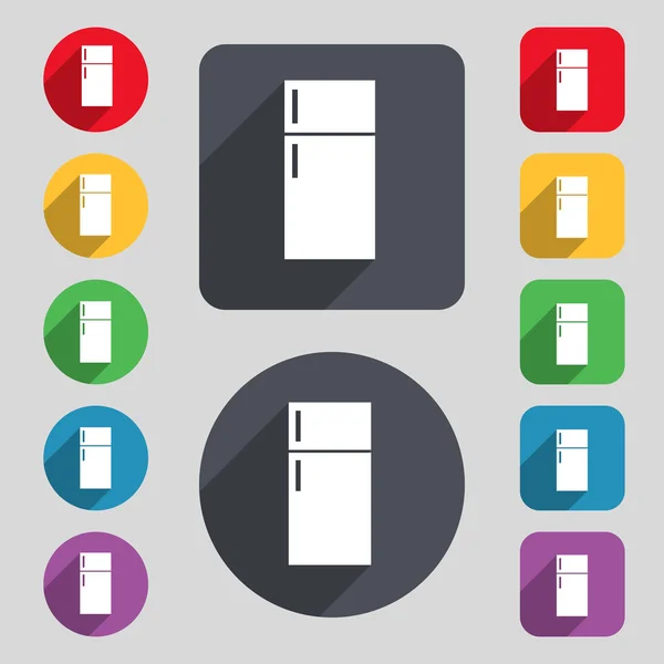 冷蔵庫アイコンの記号。12 色のボタンと長い影のセット — ストックベクタ