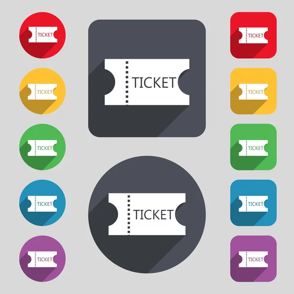 Signo de icono de ticket. Un conjunto de 12 botones de colores y una larga sombra — Vector de stock