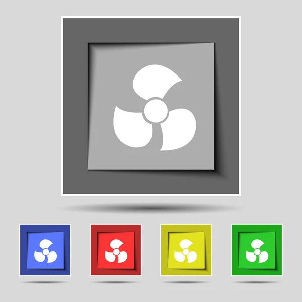 Ventiladores, signo de icono de la hélice en los cinco botones de color originales. Vector — Archivo Imágenes Vectoriales