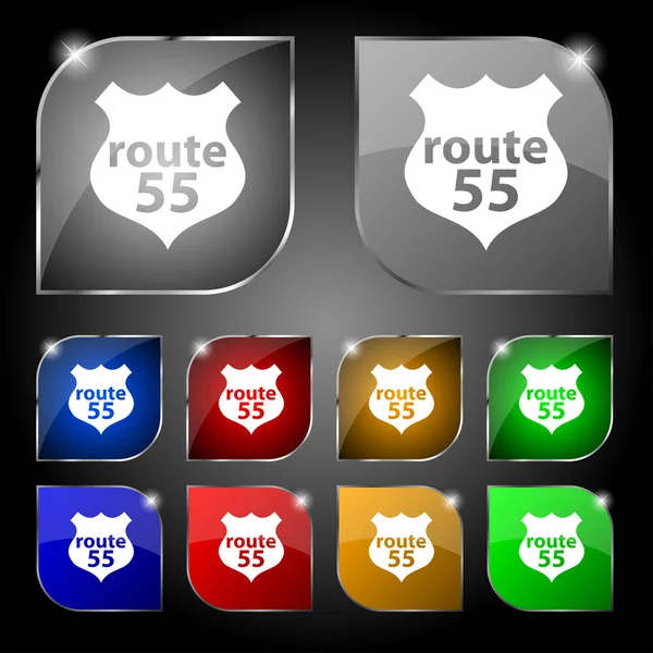 Route 55 snelweg pictogram teken. Set van tien kleurrijke knoppen met schittering. Vector — Stockvector