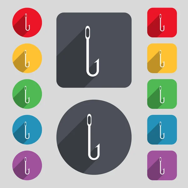 Fishing hook icon sign. A set of 12 colored buttons and a long shadow — Stock vektor