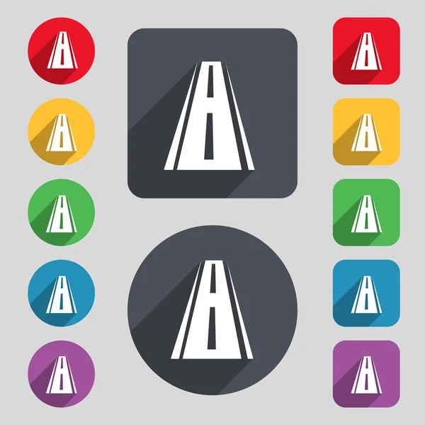 Road icon sign. A set of 12 colored buttons and a long shadow — Stockový vektor