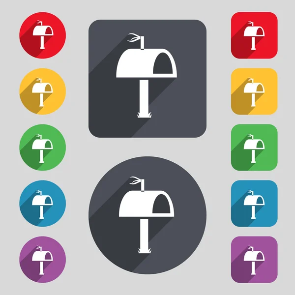 Mailbox icon sign. A set of 12 colored buttons and a long shadow — Stockvector