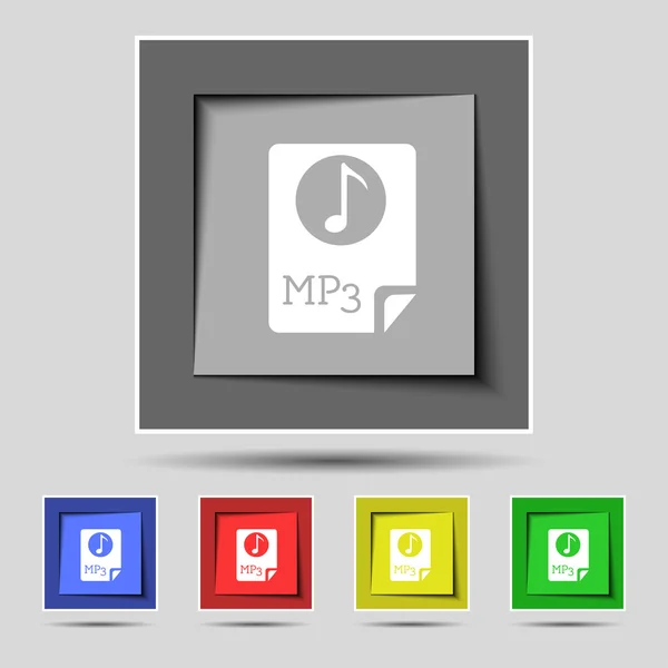 Audio, signo de icono de archivo MP3 en los cinco botones de color originales. Vector — Vector de stock
