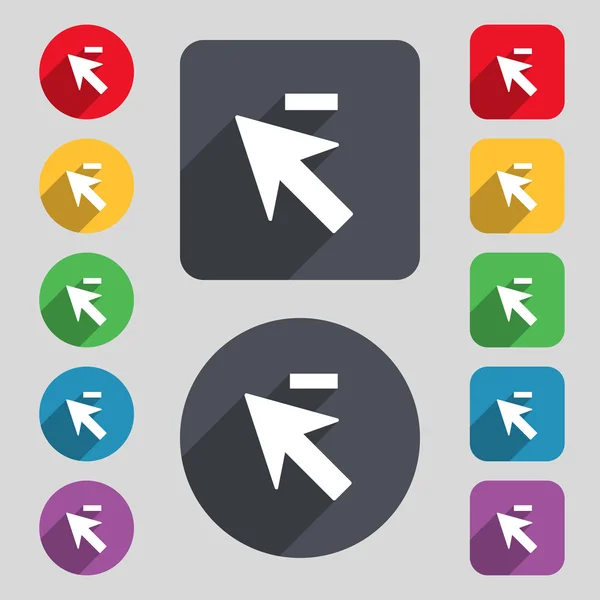 Cursor, arrow minus icon sign. A set of 12 colored buttons and a long shadow — Stockvector