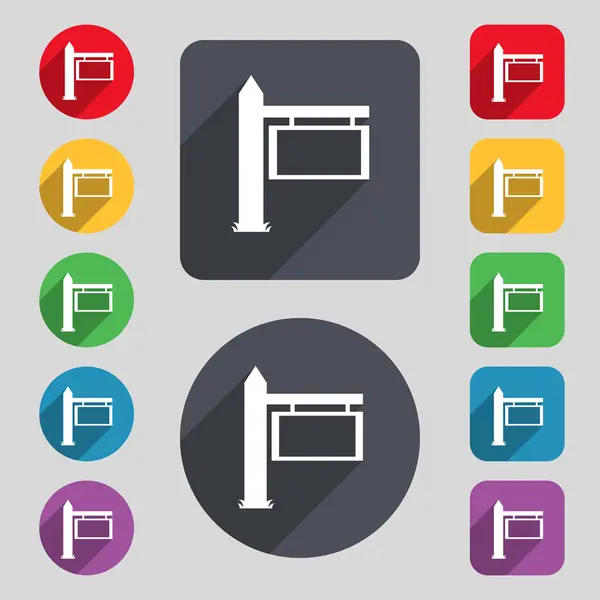 Carretera de información Signo icono. Un conjunto de 12 botones de colores y una larga sombra — Vector de stock