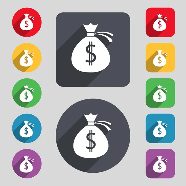 Signo de icono bolsa de dinero. Un conjunto de 12 botones de colores y una larga sombra — Vector de stock