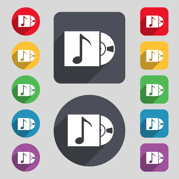 Cd player icon sign. A set of 12 colored buttons and a long shadow — Stock vektor