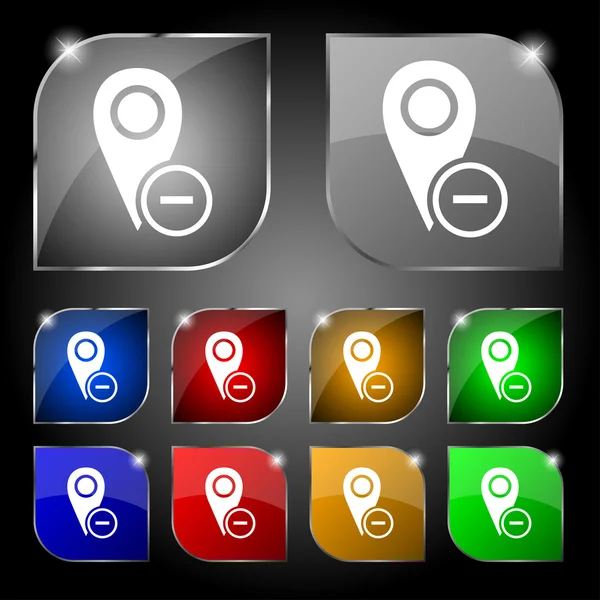 Señal de icono de puntero de mapa. Conjunto de diez botones de colores con deslumbramiento. Vector — Archivo Imágenes Vectoriales