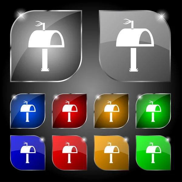 Mailbox icon sign. Set of ten colorful buttons with glare. Vector — Stockový vektor