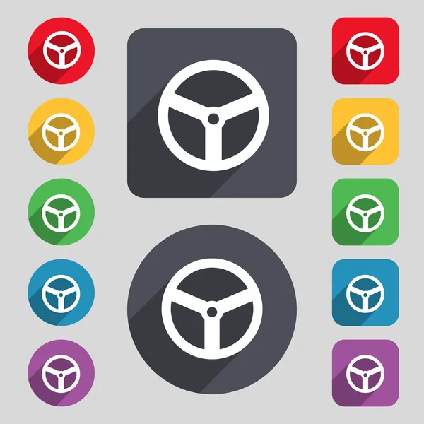 Steering wheel icon sign. A set of 12 colored buttons and a long shadow — Stock Vector