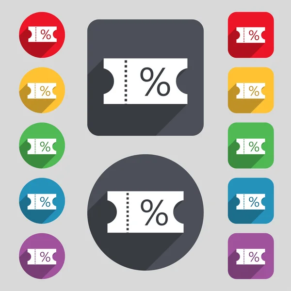 Ticket discount icon sign. A set of 12 colored buttons and a long shadow — ストックベクタ