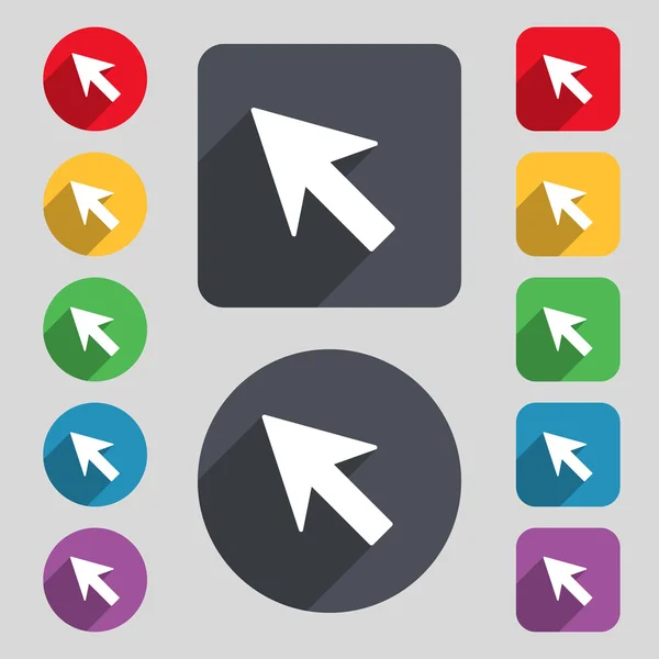 Curseur, signe d'icône de flèche. Un ensemble de 12 boutons colorés et une longue ombre — Image vectorielle