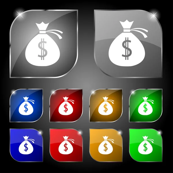 Signo de icono bolsa de dinero. Conjunto de diez botones de colores con deslumbramiento. Vector — Vector de stock