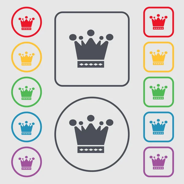 Crown icon sign. symbol on the Round and square buttons with frame. Vector — Διανυσματικό Αρχείο