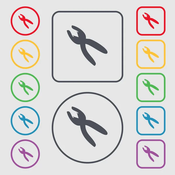 Pliers icon sign. symbol on the Round and square buttons with frame. Vector — Stockvector