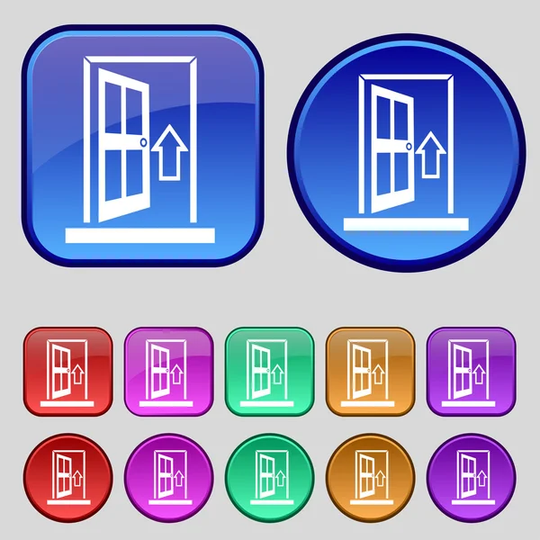 Door, Enter or exit icon sign. A set of twelve vintage buttons for your design. Vector — 图库矢量图片